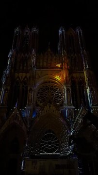 The light show Regalia on the facade of Reims Cathedral Notre-Dame de Reims. Reims, France, December 25, 2025. High quality 4k footage