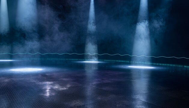 Stage spotlights and smoke in dark background photo. Bright blue beams of light shining down on a reflective floor with volumetric haze. Dramatic theatrical lighting for event production.