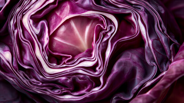 Red cabbage leaves folded in wavy layers around a pale core