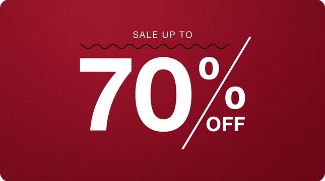 Sale up to 70% off promotional graphic with modern typography on dark red background