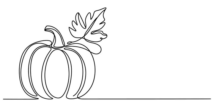 Minimalist continuous single line drawing of a pumpkin with a leaf for autumn harvest and thanksgiving season isolated on transparent background