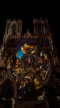 The light show Regalia on the facade of Reims Cathedral Notre-Dame de Reims. Reims, France, December 25, 2025. High quality 4k footage