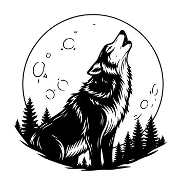Wolf howling at full moon in pine forest vector illustration, wild animal night wilderness engraving art