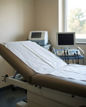 Wider real-world system centered on a clean examination bed with plain paper covering and generic equipment, as one decisive focal grouping for healthcare access and clinical services; system