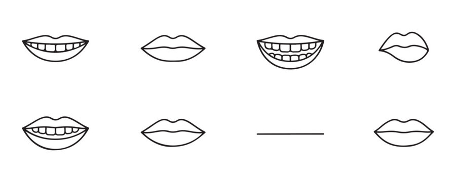 Minimalist mouth and lip line icons set featuring different facial expressions for character design.