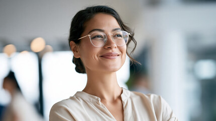 Fototapeta premium Cropped portrait of a woman wearing glasses in soft natural light bright clean well lit lifestyle photography professional look confident expression everyday elegance contemporary