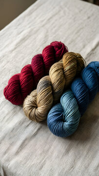 Completed practical result featuring skeins of naturally dyed yarn with varied fiber twist, as one decisive focal grouping for textile craft, color and slow fashion; result communication; craft, local