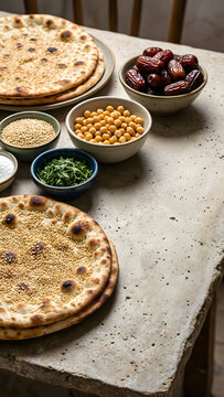 Regionally grounded ingredient story featuring Levantine flatbread, sesame, chickpeas, herbs and dates, as one decisive focal grouping for Levantine food and shared hospitality; ingredient and origin