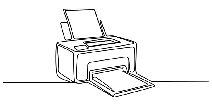 Continuous line drawing of a home office printer for printing documents and scanning papers on a desk Vector, illustration