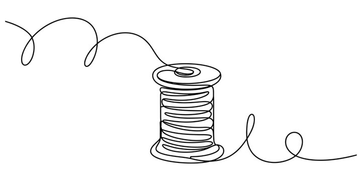 Continuous single line drawing of a spool of sewing thread with a long tail isolated on a white background Vector, illustration