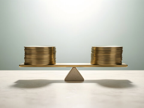 Functional process state built around a physically balanced beam holding two different groups of plain brass discs, with its physical process or state transition clearly visible for risk balance