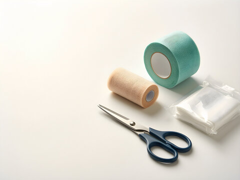 Wider real-world system centered on clean bandage rolls, plain scissors and sterile gauze without packaging, with its physical process or state transition clearly visible for first aid and wound care