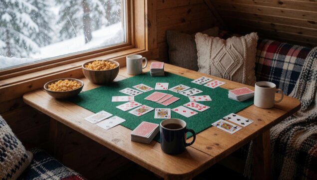 Wooden table green felt tablecloth there several playing cards arranged grid-like pattern cups coffee bowl mac