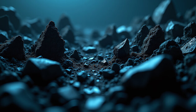 Extreme macro of jagged, razor-sharp pitch-black volcanic obsidian glass illuminated by cold blue light.