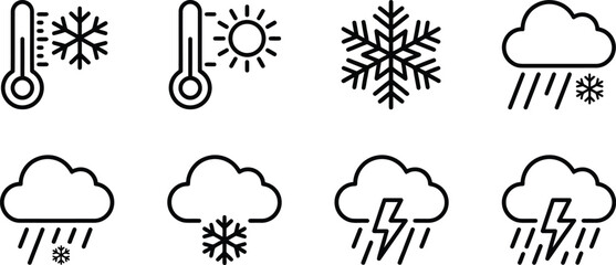 Obraz premium Set of weather icons including thermometer, snowflake, rain, cloud, and lightning bolt symbols for meteorological forecasts and climate applications