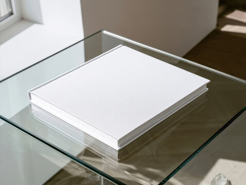 Blank white book cover mockup resting on transparent glass coffee table in modern bright minimal minimalist interior setup high angle view template for portfolio branding catalog print design