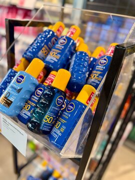 den haag, netherlands - July 15 2026: Nivea sun protection products arranged on display in a store showcasing various sun lotions for skin protection.