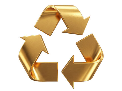 Golden metallic universal recycling symbol isolated on transparent background Cutout PNG