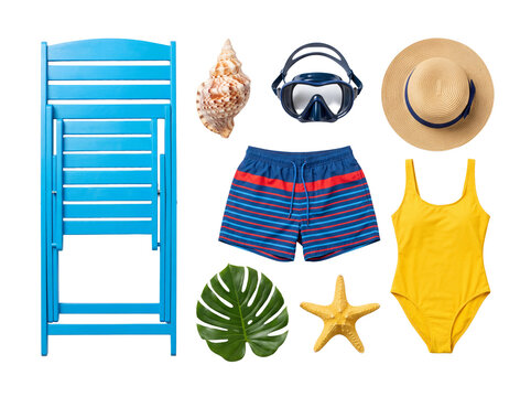 Summer vacation beach accessories and swimwear collection arranged on transparent background Cutout PNG