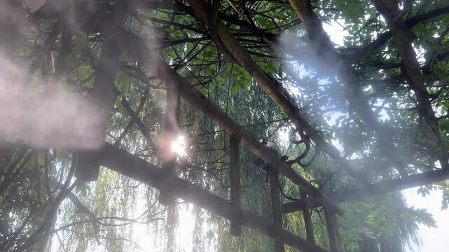 Slow panning across mist spraying from garden pergola outdoor