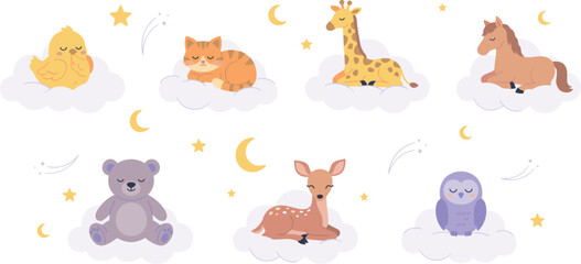 Obraz premium Cute Sleeping Baby Animals on Clouds Vector Set with Stars and Crescent Moon Elements for Nursery Decor Kindergarten Wallpaper and Infant Room Designs