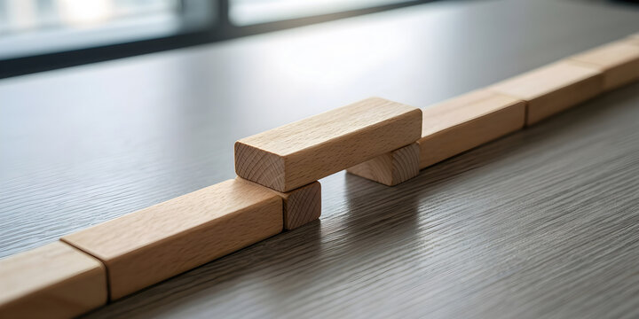 Wider real-world system centered on a small structurally plausible bridge assembled from plain wooden blocks, with its physical process or state transition clearly visible for strategy, transition