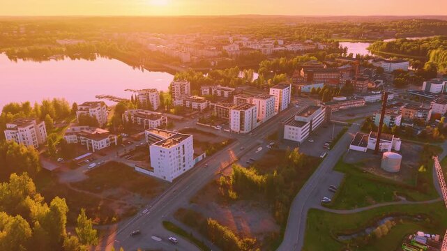 Golden hour sunset evening aerial video of city H&auml;meenlinna in Finland with traffic, nice tourism destination