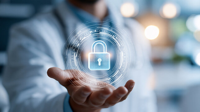 Cropped view of a hand presenting a glowing holographic padlock icon bright clean well lit medical technology background data privacy healthcare security digital records protection