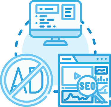 Icon demonstrating digital advertising appearing on various screens, with an eye featuring a crossed out ad symbol, representing ad blocking and content filtering