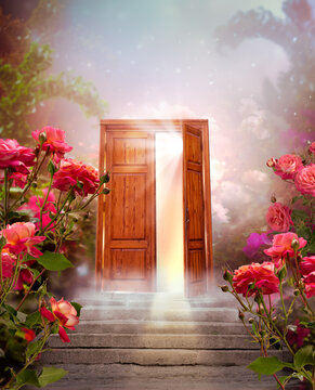 Fantasy enchanted fairy tale forest with magical opening secret wooden door and stairs leading to mystical light outside the gate, whimsy fairytale magic rose flower garden in whimsical morning woods.