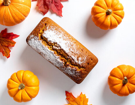 Pumpkin bread loaf with powdered sugar framed by pumpkins and autumn leaves