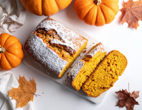 Sliced pumpkin bread loaf with powdered sugar, pumpkins and autumn leaves