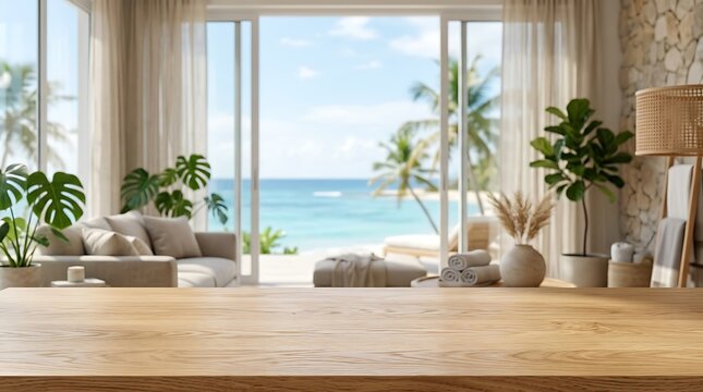 Empty wooden table top for product display in luxury beach resort living room with ocean view and tropical palm trees
