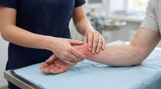 Professional doctor examining red swollen wrist of male patient during physical therapy session in clinic