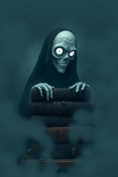 Spooky Hooded Monster Creature Peeking Over Old Books on Library Shelf