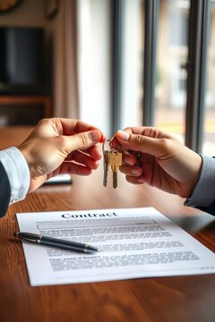 Hands Exchanging House Keys Over Real Estate Contract Document