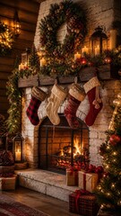 Obraz premium Cozy rustic Christmas fireplace decor, warm festive mobile wallpaper
