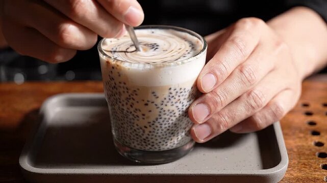 A young Asian woman stirs a chia seed pudding with milk foam in a glass cup on a wooden table in a cafe.