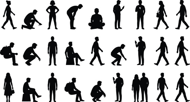 Casual people silhouettes standing and sitting in various poses | diverse group of men and women for architectural scale projects | flat vector icon set