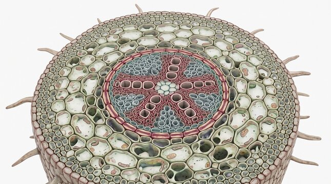 3D illustration of a plant root cross-section showing microscopic cellular anatomy including xylem, phloem, and epidermis