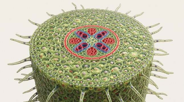 Detailed 3D cross-section of a plant root anatomy showing microscopic cellular structures, xylem, and phloem
