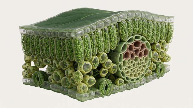 Detailed 3D Illustration of a Leaf Anatomy Cross-Section Showing Cellular Structure and Vascular Bundle