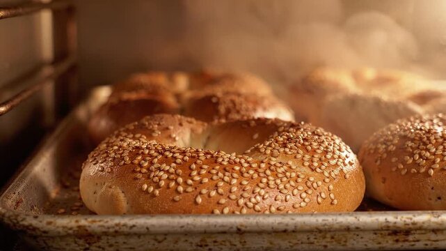 Fresh sesame bagels bake in a hot oven on a metal tray inside a kitchen for a breakfast food preparation.