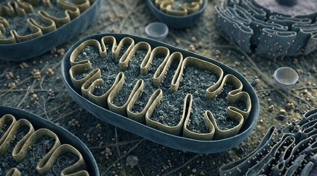 Detailed 3D illustration of a mitochondrion organelle and cellular structures, showing inner cristae and matrix for biological education and science.