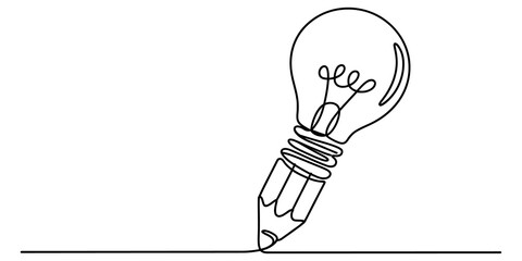 Continuous single line drawing of a pencil combined with a light bulb representing creativity and new business ideas isolated on transparent background © Coloring Pages Line 