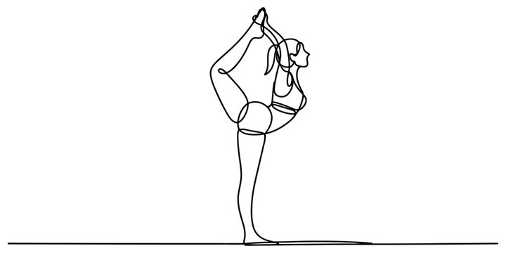 Continuous single line drawing of a woman practicing yoga in a standing backbend pose isolated on transparent background