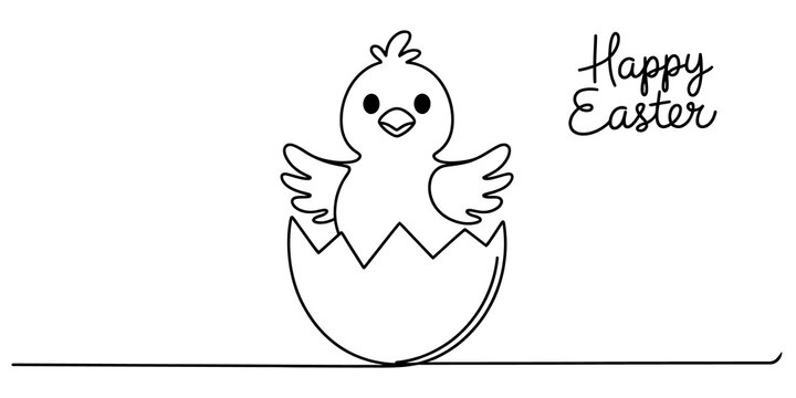 Cute baby chick hatching from an egg with happy easter text line art illustration isolated on transparent background