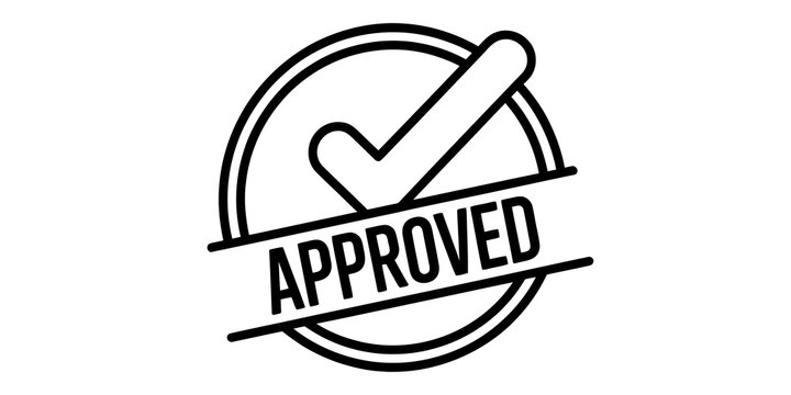 Black approved stamp icon with a check mark symbol inside a circle for business verification and quality control isolated on transparent background