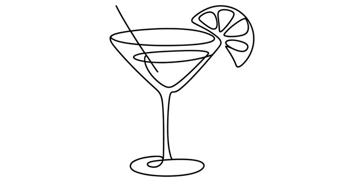 Continuous line art drawing of a cocktail martini glass with a lemon slice garnish and a stirring stick isolated on transparent background