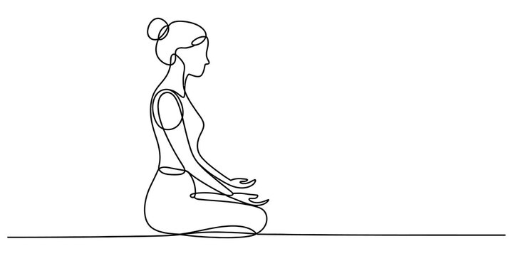 Woman meditating in yoga pose drawn with a single continuous line for wellness and mental health design concept isolated on transparent background